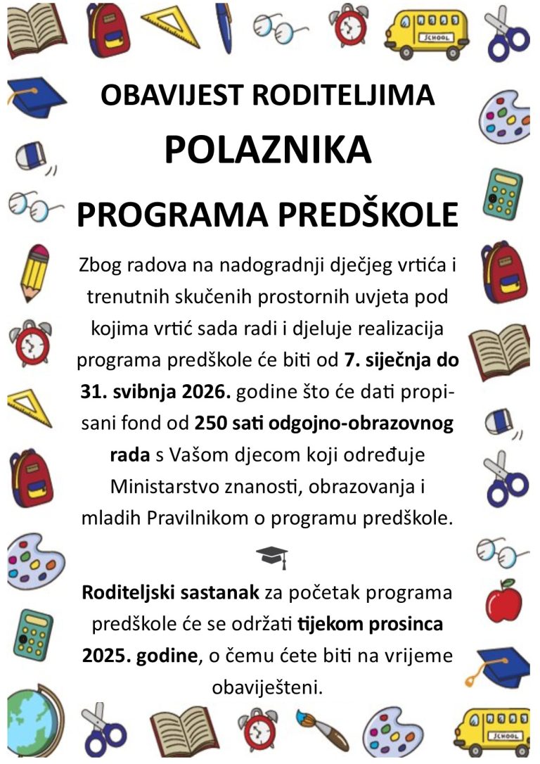 OBAVIJEST POLAZNICIMA PROGRAMA PREDŠKOLE